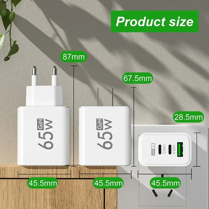 65W Gan Fast Charging Charger USB PD Type-C Multi-Port Mobile Phone Adapter for Iphone 15 Pro Max Samsung Xiaomi Huawei
