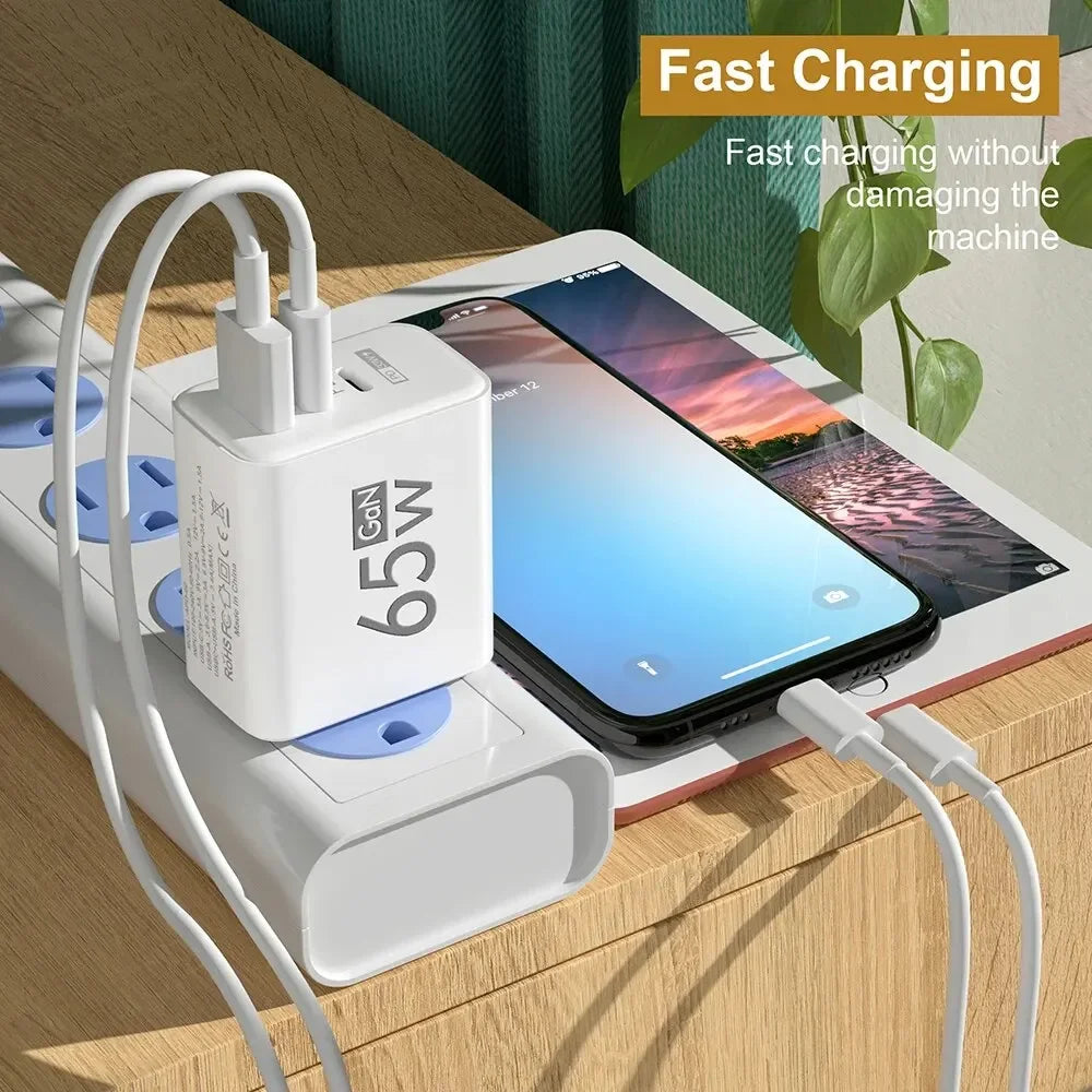 65W Gan Fast Charging Charger USB PD Type-C Multi-Port Mobile Phone Adapter for Iphone 15 Pro Max Samsung Xiaomi Huawei
